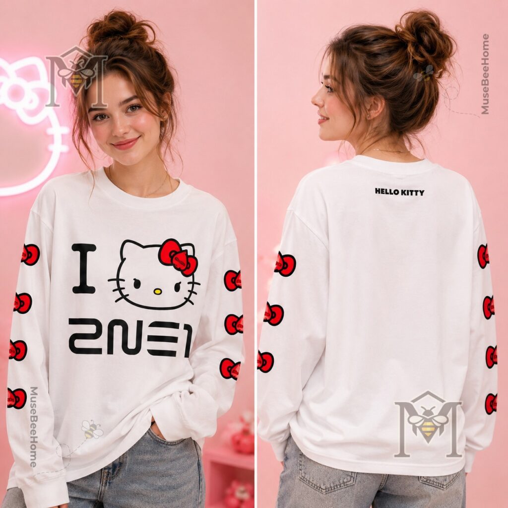 2NE1 Hello Kitty Collaboration Long Sleeve Shirt - close-up of back text and sleeve bow pattern