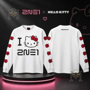 2NE1 Hello Kitty Collaboration Long Sleeve Shirt - front and back display on a pink-lit platform