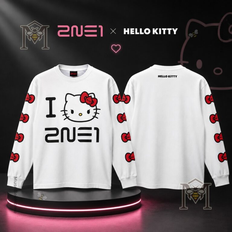 2NE1 Hello Kitty Collaboration Long Sleeve Shirt - front and back display on a pink-lit platform