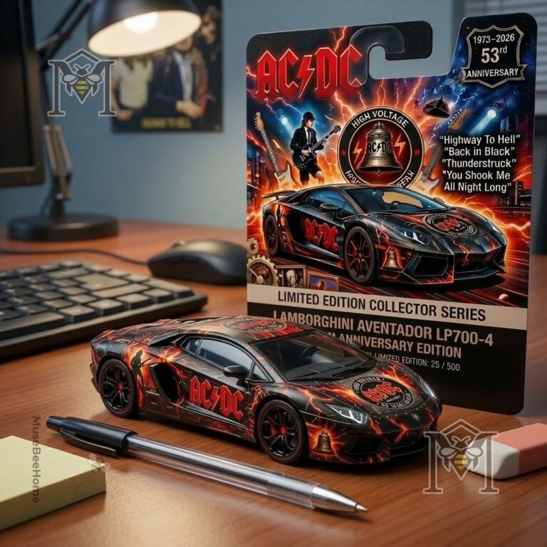 AC/DC 53rd Anniversary Lamborghini Aventador Diecast Car - side view with lightning background