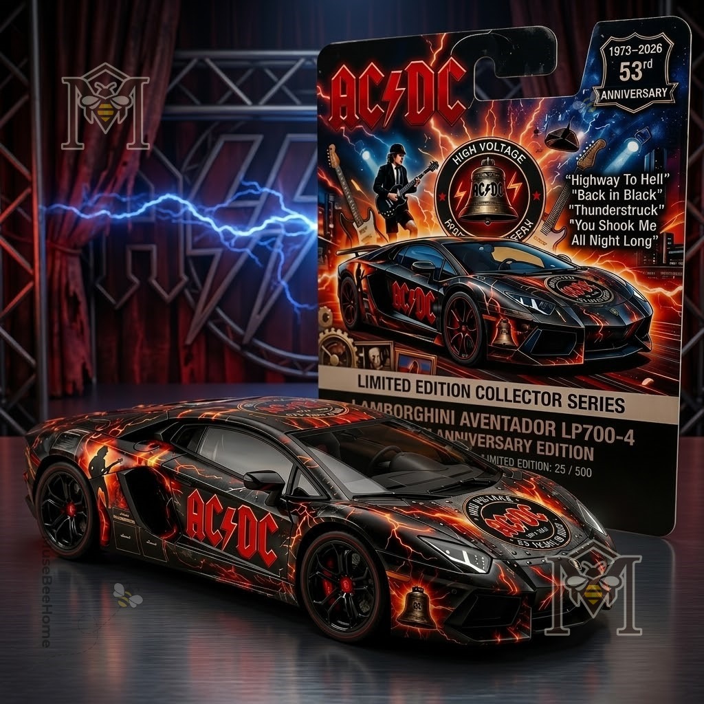AC/DC 53rd Anniversary Lamborghini Aventador Diecast Car – Full view with packaging AC/DC 53rd Anniversary Lamborghini Aventador Diecast Car - full view with packaging