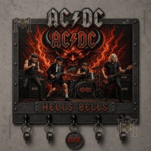 AC/DC Hells Bells Key Rack - front view with band and fiery devil design