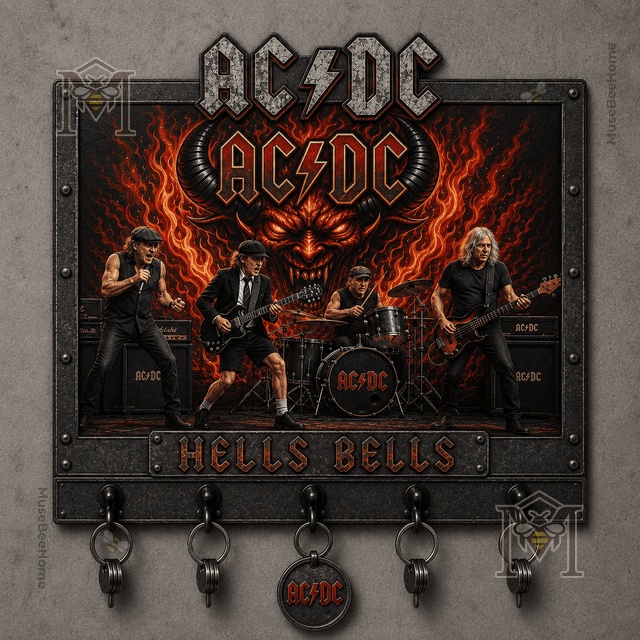 AC/DC Hells Bells Key Rack - front view with band and fiery devil design