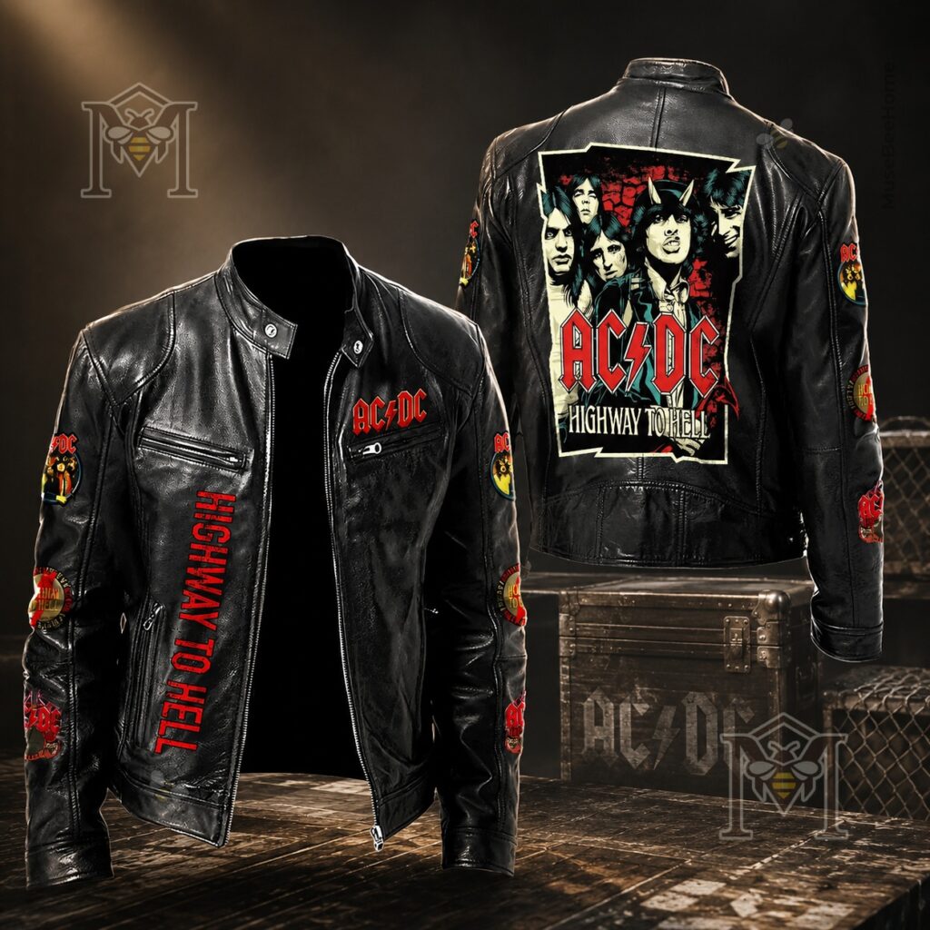 AC/DC Highway To Hell Leather Bomber - close-up on front with chest logo