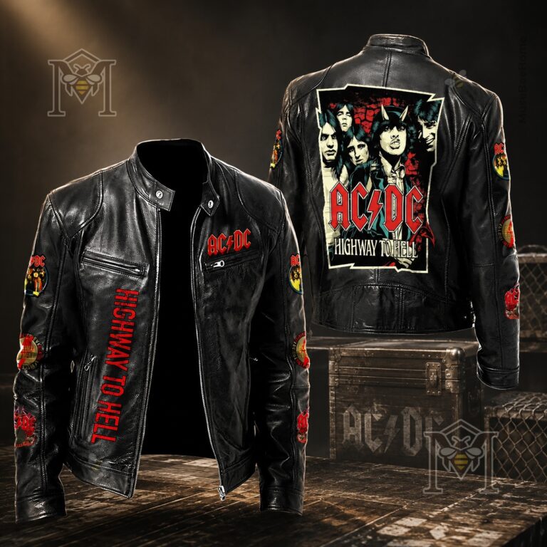 AC/DC Highway To Hell Leather Bomber - close-up on front with chest logo