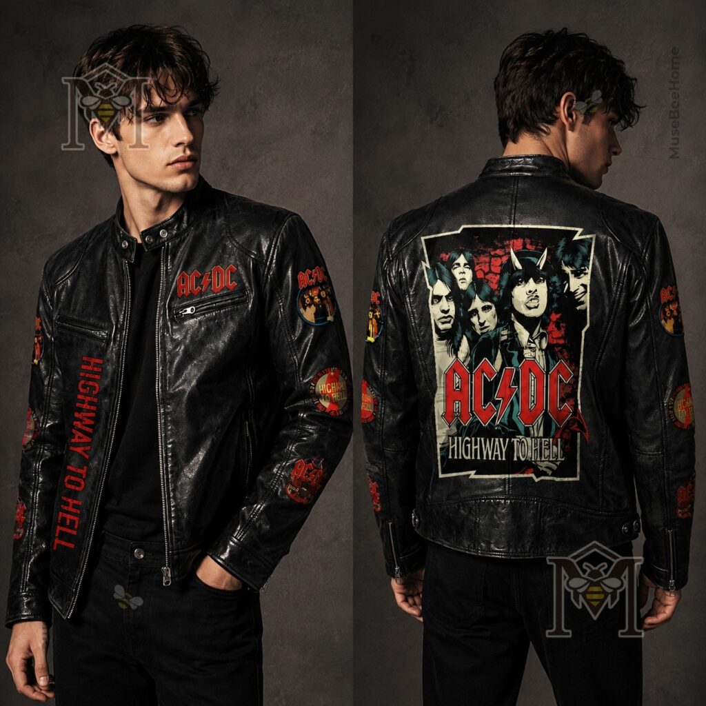 AC/DC Highway To Hell Leather Bomber - detailed back view with band graphic