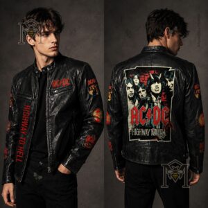 AC/DC Highway To Hell Leather Bomber - detailed back view with band graphic