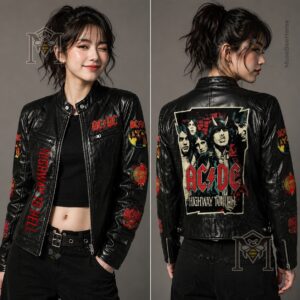 AC/DC Highway To Hell Leather Bomber - close-up of front zipper and side text