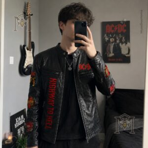 AC/DC Highway To Hell Leather Bomber - side view showing sleeve patches and back design
