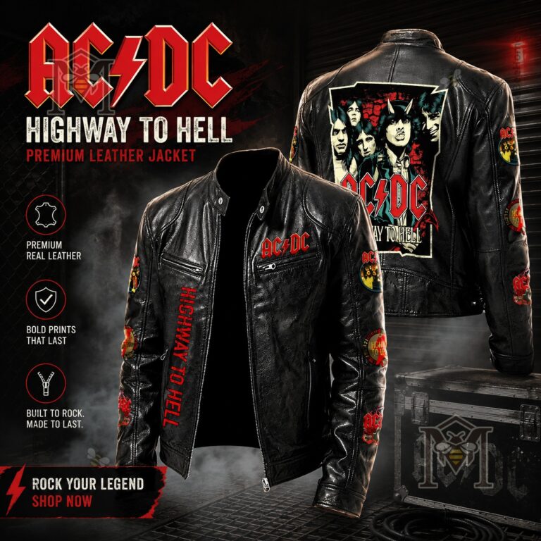 AC/DC Highway To Hell Leather Bomber - full product display, front and back views