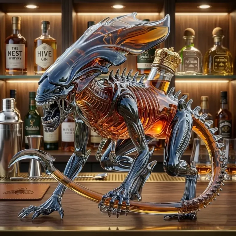 Alien Queen 3D Sculpted Whiskey Decanter Collector Edition - full view on a bar counter