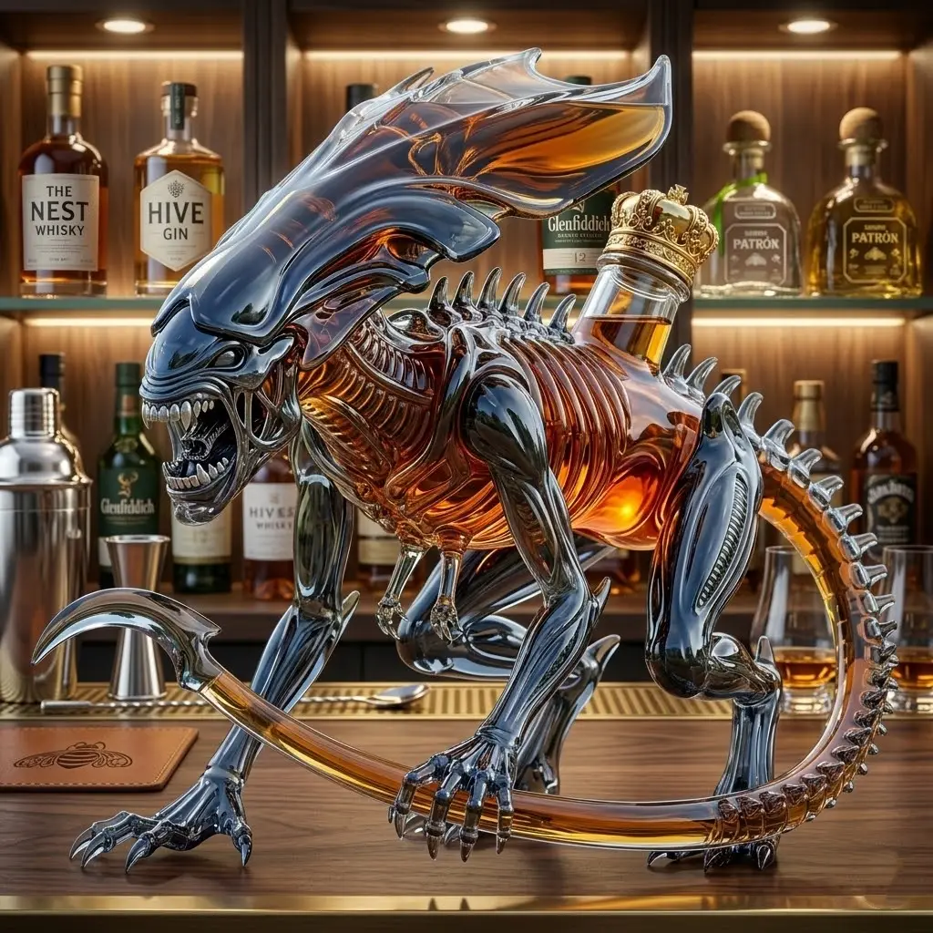 Alien Queen 3D Sculpted Whiskey Decanter Collector Edition - full view on a bar counter