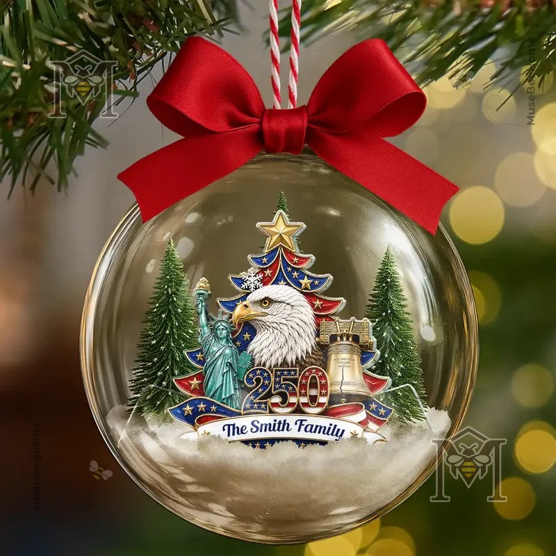 America 250th Anniversary 2026 Custom Family Name Ornament - top right detail with red bow