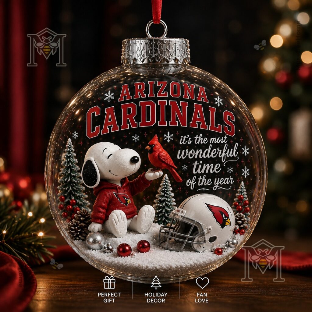Arizona Cardinals Snoopy Christmas Snow Globe Ornament 2026 - front view with Snoopy and football helmet