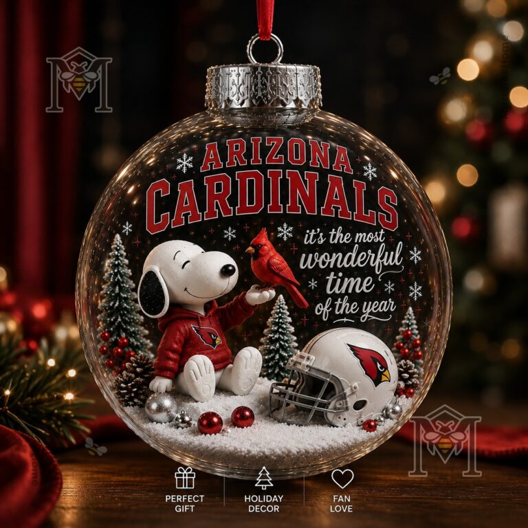 Arizona Cardinals Snoopy Christmas Snow Globe Ornament 2026 - front view with Snoopy and football helmet