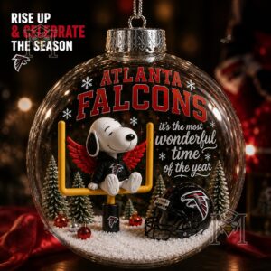Atlanta Falcons Snoopy Christmas Snow Globe Ornament 2026 - front view with helmet and goalpost