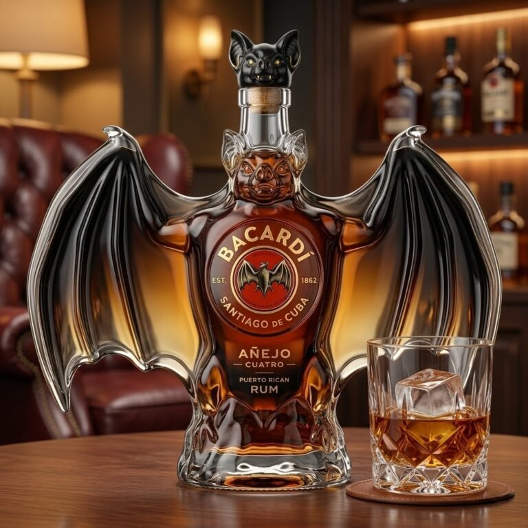 BACARDÍ 3D Sculpted Bat Whiskey Decanter Collector Edition - close-up of top half
