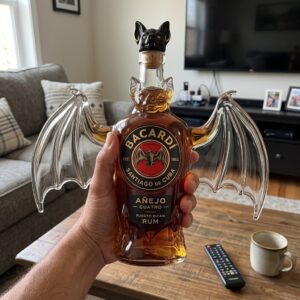 BACARDÍ 3D Sculpted Bat Whiskey Decanter Collector Edition - close-up of top half from right