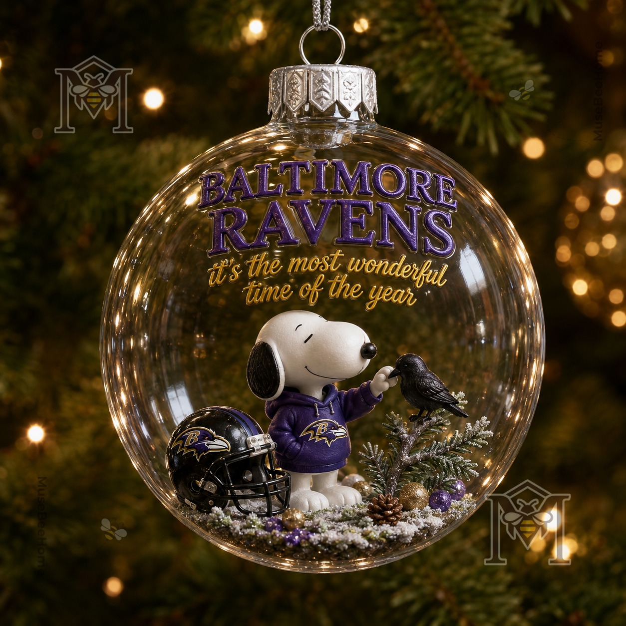 Baltimore Ravens Snoopy Christmas Snow Globe Ornament 2026 - Snoopy and raven detail