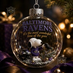 Baltimore Ravens Snoopy Christmas Snow Globe Ornament 2026 - front view