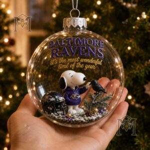 Baltimore Ravens Snoopy Christmas Snow Globe Ornament 2026 - full bauble display