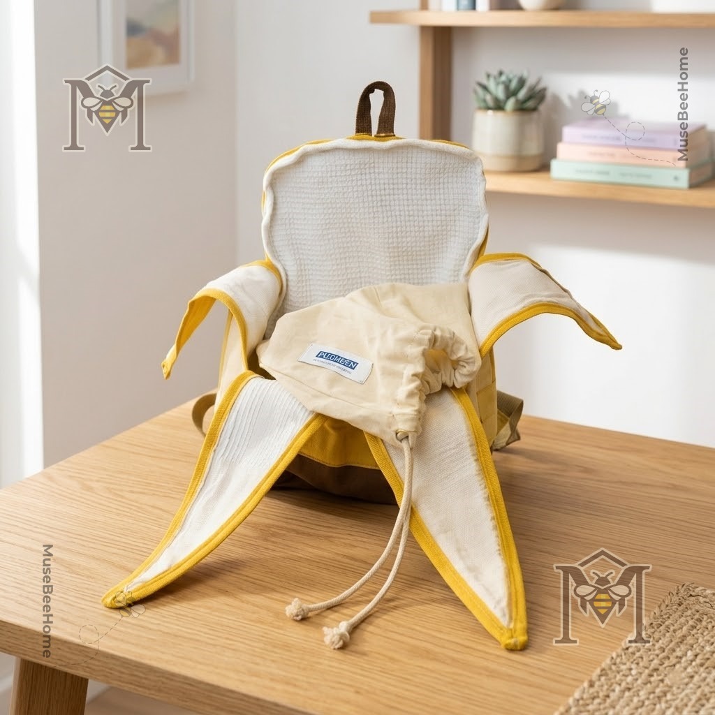 Banana Peeled Design Backpack - side view showing the yellow exterior, brown base, and blue patch
