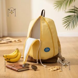 Banana Peeled Design Backpack - full view with bananas, sunglasses, and notebook on wooden floor
