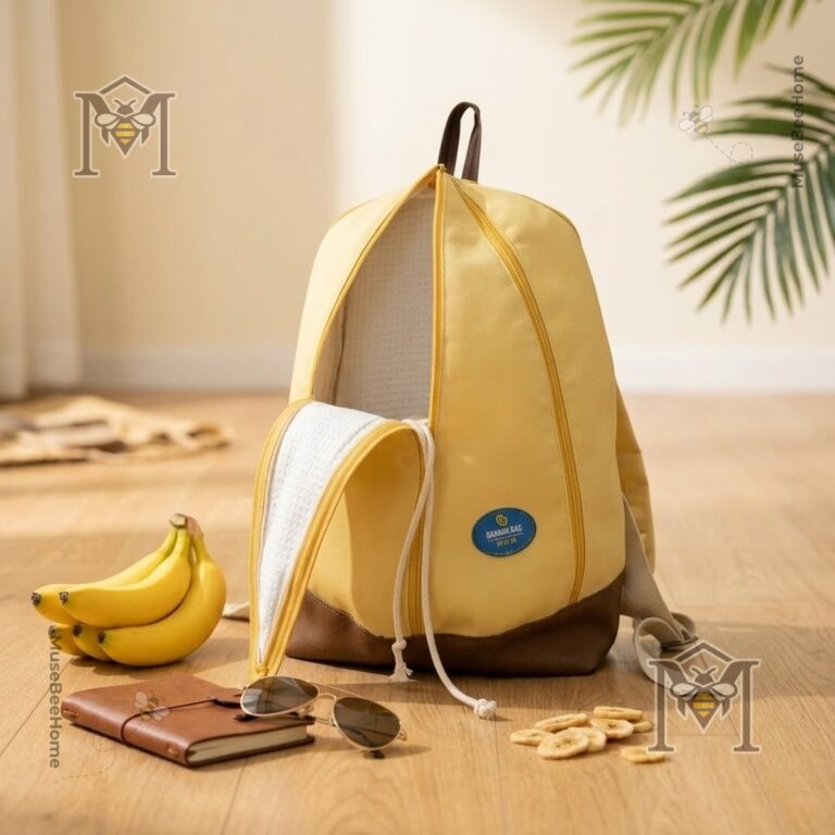 Banana Peeled Design Backpack - full view with bananas, sunglasses, and notebook on wooden floor