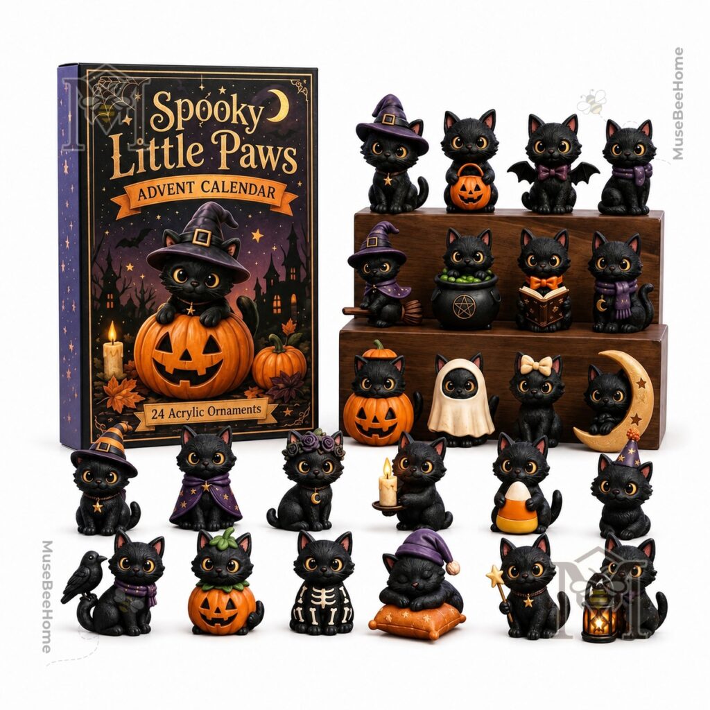 Black Cat Spooky Little Paws Halloween Advent Calendar box with witch cat on pumpkin