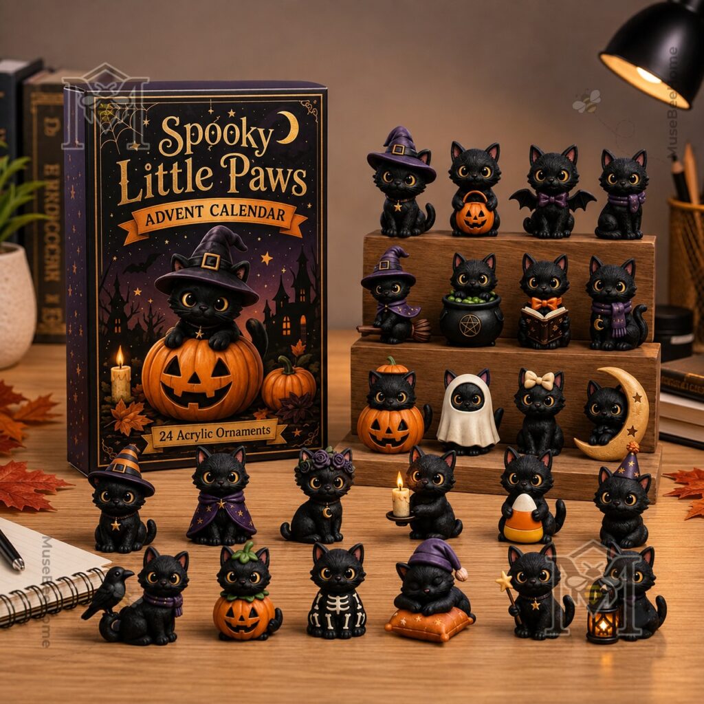 Black Cat Spooky Little Paws Halloween Advent Calendar ornaments on a two-tier display