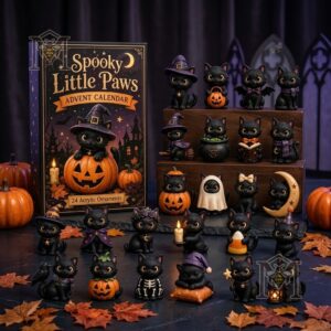 Black Cat Spooky Little Paws Halloween Advent Calendar with all 24 ornaments displayed