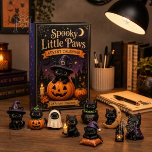 Black Cat Spooky Little Paws Halloween Advent Calendar with ornaments on a dark surface