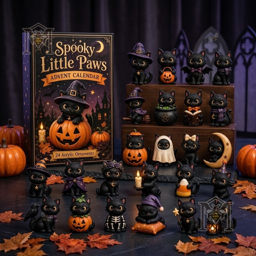 Black Cat Spooky Little Paws Halloween Advent Calendar with all 24 ornaments displayed