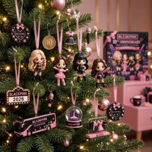 Assortment of BLACKPINK mini-figurines and accessories on pink risers