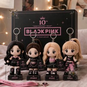 BLACKPINK 10th Anniversary Tour Plush Keychain Set - front view with branded box and strap