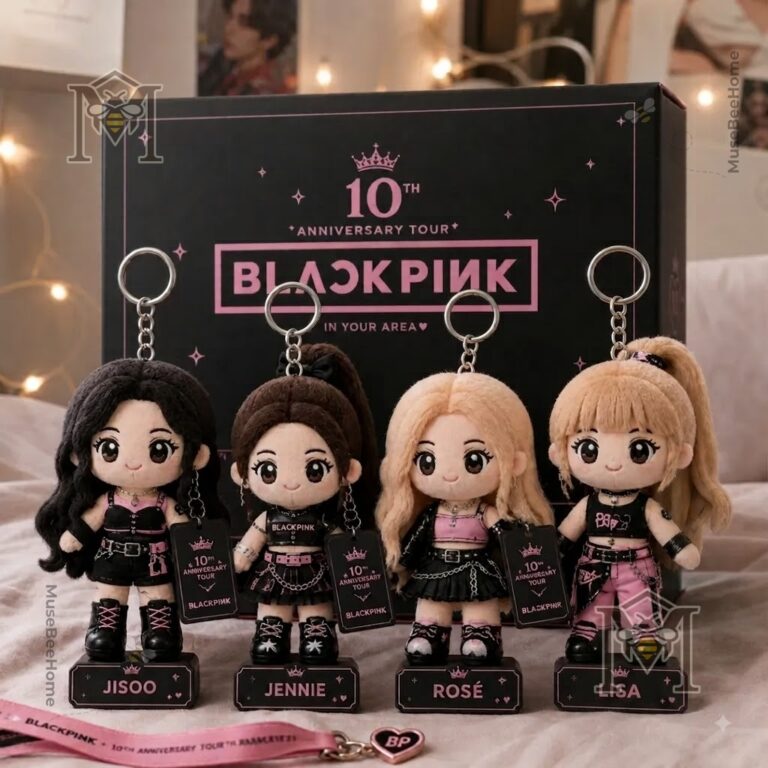 BLACKPINK 10th Anniversary Tour Plush Keychain Set - front view with branded box and strap