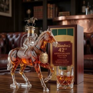 Close-up of the Blanton's 42nd Anniversary Whiskey Bottle 2026 Collector Edition's jockey stopper