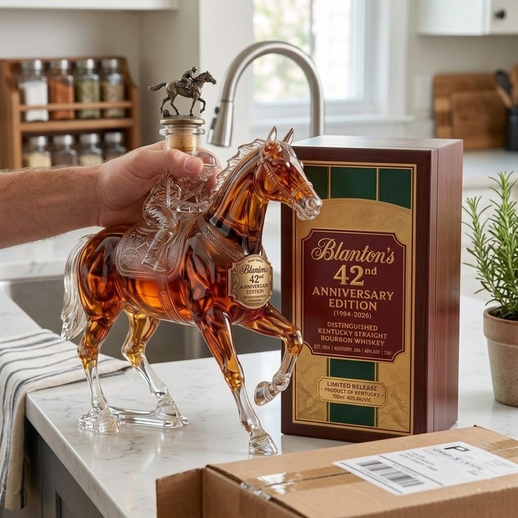 Blanton's 42nd Anniversary Whiskey Bottle 2026 Collector Edition showing the horse design and box