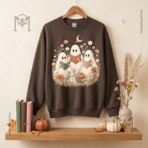Bookish Ghost Halloween Chocolate Sweatshirt - close-up of collar and left ghost detail