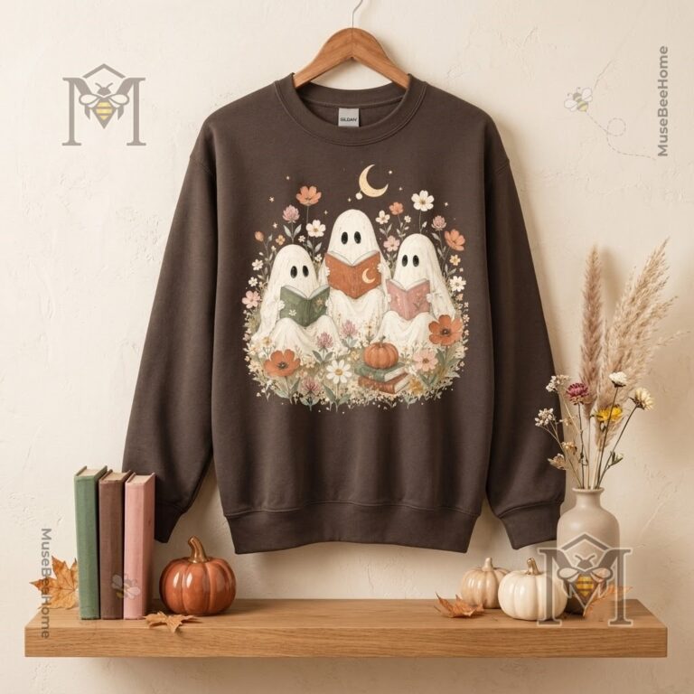 Bookish Ghost Halloween Chocolate Sweatshirt - close-up of collar and left ghost detail