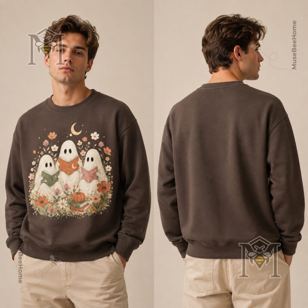 Bookish Ghost Halloween Chocolate Sweatshirt - close-up of collar and right side of graphic