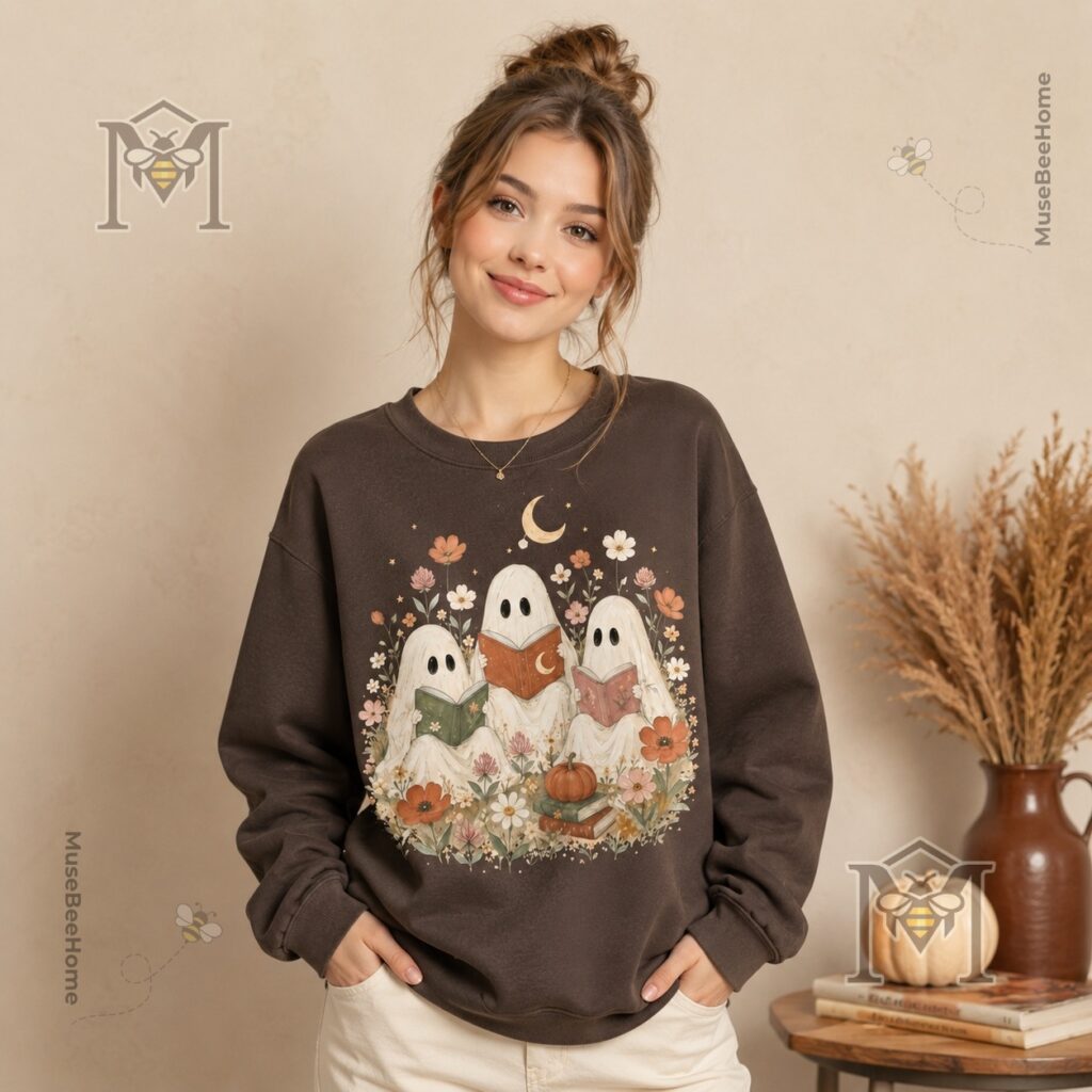 Bookish Ghost Halloween Chocolate Sweatshirt - lower left detail showing ghosts and pumpkin