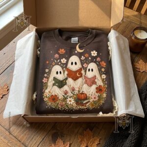Bookish Ghost Halloween Chocolate Sweatshirt - lower right detail showing ghosts and sleeve