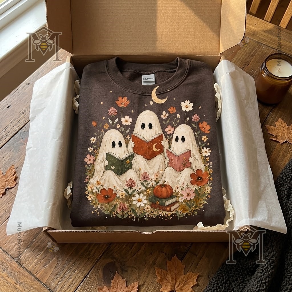Bookish Ghost Halloween Chocolate Sweatshirt - lower right detail showing ghosts and sleeve