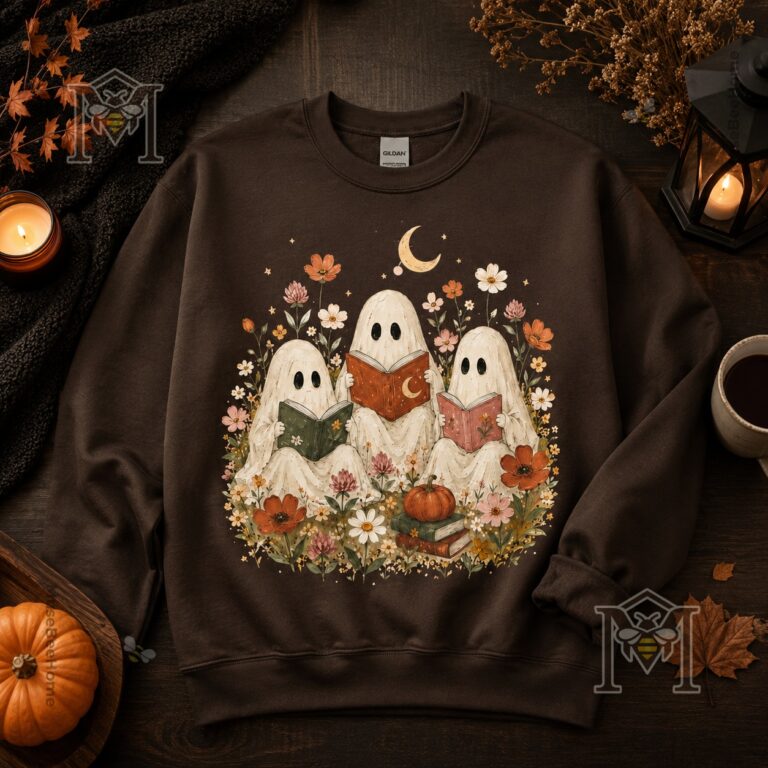Bookish Ghost Halloween Chocolate Sweatshirt - full view with fall decorative elements