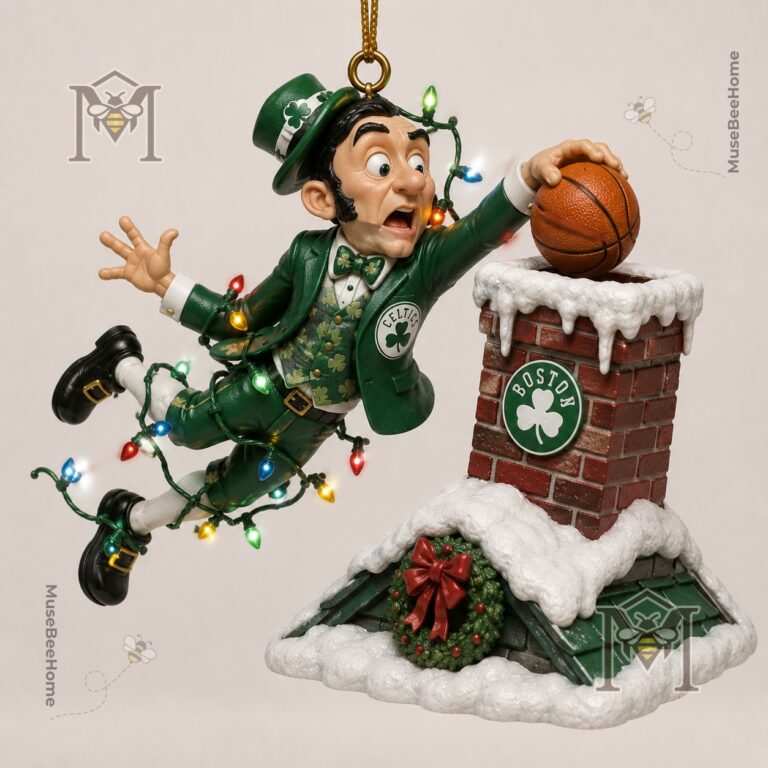 Boston Celtics Holiday Magic Lucky's Chimney Dunk Christmas Ornament 2026 - close-up on Lucky's face and