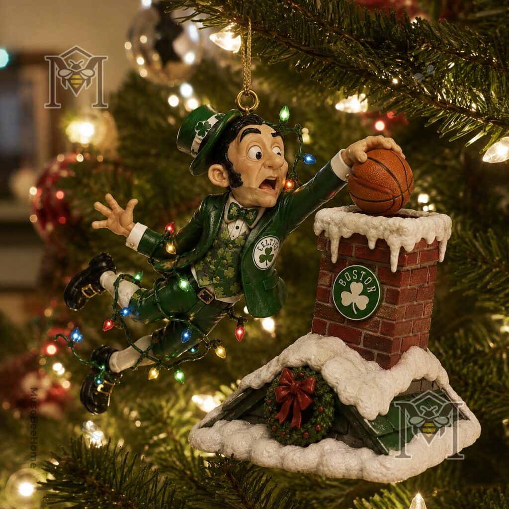 Boston Celtics Holiday Magic Lucky's Chimney Dunk Christmas Ornament 2026 - close-up of Lucky holding