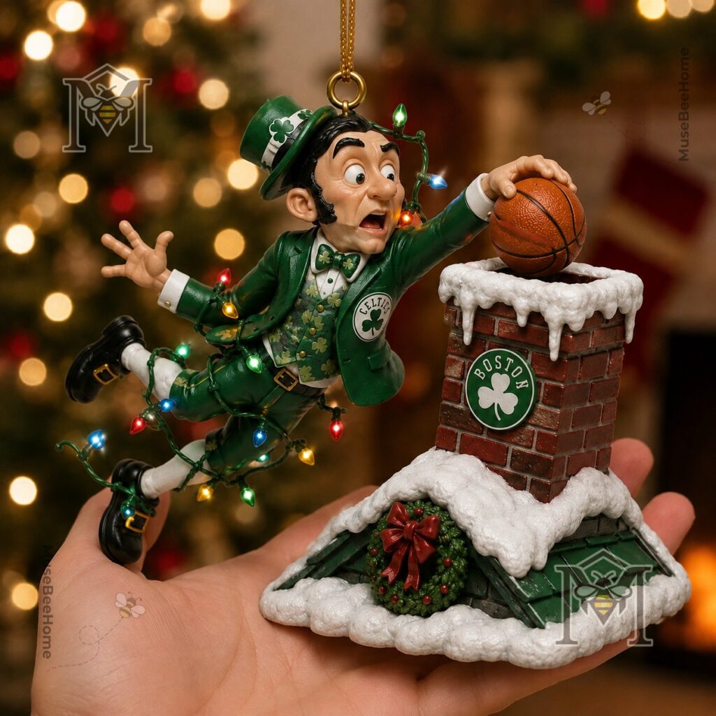 Boston Celtics Holiday Magic Lucky's Chimney Dunk Christmas Ornament 2026 - close-up on Lucky's legs and