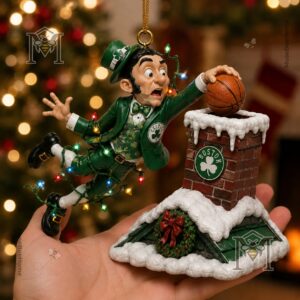Boston Celtics Holiday Magic Lucky's Chimney Dunk Christmas Ornament 2026 - close-up on Lucky's legs and
