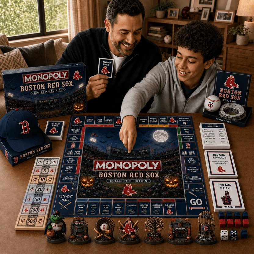 Boston Red Sox Halloween Board Game - overview of game box, board, and money